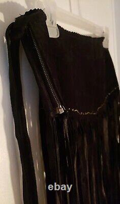 Vintage Ricky Nell Leather Suede Fringe Long Belt Skirt Black Medium Zip Side