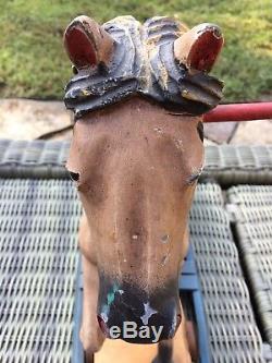 Vintage Rocking Horse Carved Wood Leather Saddle Cast Iron Wheels
