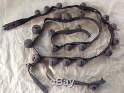 Vintage Rustic Horse Sleigh Bells on Original Leather Strap-Set of 24