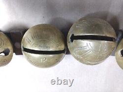 Vintage SLEIGH BELLS 29 Graduating ETCHED BRASS with Brown Leather HORSE BELT