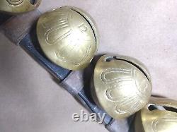 Vintage SLEIGH BELLS 29 Graduating ETCHED BRASS with Brown Leather HORSE BELT