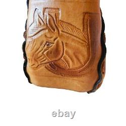 Vintage Saddle Leather Purse fur lined top Horse Embossed