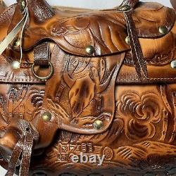 Vintage Saddle Purse Tooled Brown Leather Western Rodeo Horses
