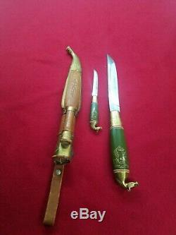 Vintage Set of 2 Horse Head Finland Made Pukko Hunting Knife WithLeather Sheath