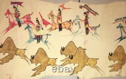 Vintage Signed Native American India Painting on Leather Horses Tee-Pee 44x21