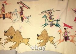 Vintage Signed Native American India Painting on Leather Horses Tee-Pee 44x21