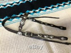 Vintage Silver Concho Dark Oil Western Show Horse Headstall / Bridle
