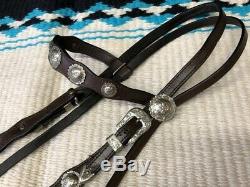 Vintage Silver Concho Dark Oil Western Show Horse Headstall / Bridle
