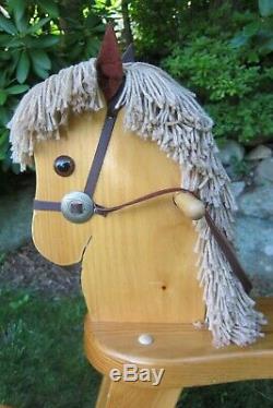 Vintage Solid Wood Rocking Horse-leather Bridle, Reins, Ears-yarn Mane & Tail