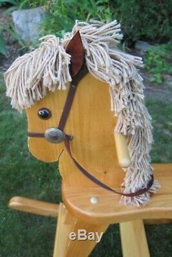 Vintage Solid Wood Rocking Horse-leather Bridle, Reins, Ears-yarn Mane & Tail