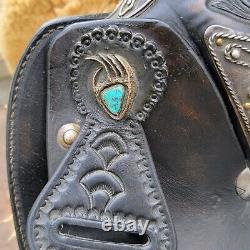 Vintage Southwestern Leather Horse Show Saddle Silver Turquoise Estate Find