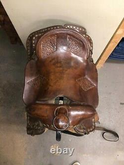 Vintage Studded Leather Hand Tooled Western Horse Saddle 16