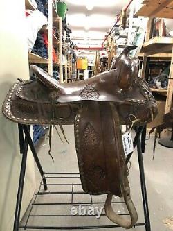 Vintage Studded Leather Hand Tooled Western Horse Saddle 16