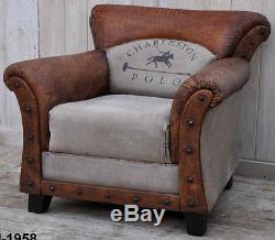 Vintage Style Armchair Leather & Canvas Charleston Polo Horse Design NEW