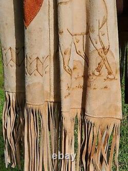 Vintage Suede Leather Hand Drawn horses Native Western Poncho 70s fringe boho