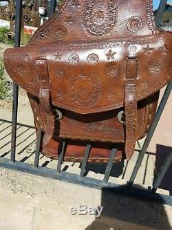 Vintage Tooled Brown Leather Horse or Motorcycle Saddle Bag Bags