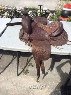 Vintage Tooled Floral Leather Western Horse Tack Saddle