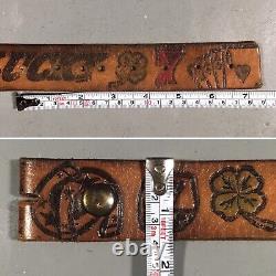 Vintage Tooled Leather Belt Gambling Theme Lucky 7 Clover Cards Horse Shoe Dice