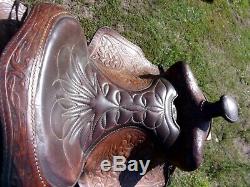 Vintage Tooled Leather Brown 14 Western Horse Saddle with Big Horn