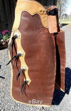 Vintage Two Color Brown Leather Horse Chaps Silver Conchos Wertz Saddlery Mont