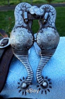 Vintage Vogt Silver Concho Inlay Iron Horse Spurs Flared Leather Straps