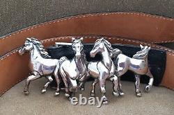 Vintage WATHNE Heavy STERLING SILVER Horse Herd BELT BUCKLE & Sz 40 Leather BELT
