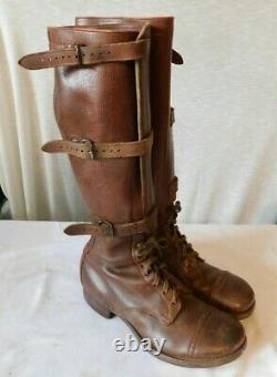 Vintage WWII Tall Brown Leather Tank Boots Cavalry US ARMY 3 Buckle 9 1/2 9.5