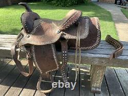 Vintage, Western, Brown Leather Acorn Tooled, Cowboy Horse Saddle