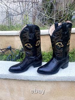 Vintage Western Cowboy Boots Cobra Leather Eagle Pass Oeste Black Gold Horse