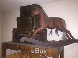 Vintage Western Devore Wooden Rocking Horse And Leather Luggage