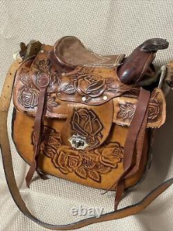 Vintage Western Hand Made Tooled Leather Saddle Bag Handbag Purse with Strap