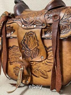 Vintage Western Hand Made Tooled Leather Saddle Bag Handbag Purse with Strap