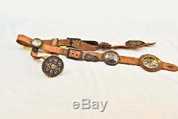 Vintage Western Horse Bridal Brown Leather Silver Conchos Brow Band Equestrian