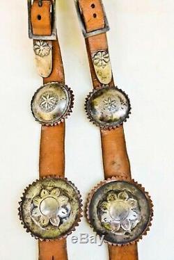 Vintage Western Horse Bridal Brown Leather Silver Conchos Brow Band Equestrian