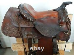 Vintage Western Leather Horse Saddle 15 Brown Tooled Stirrups Wool Sherpa Liner