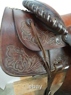 Vintage Western Leather Horse Saddle 15 Brown Tooled Stirrups Wool Sherpa Liner