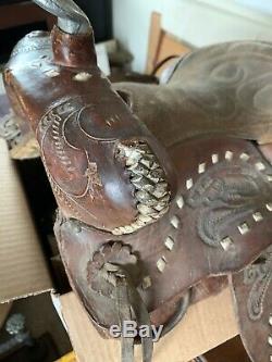 Vintage Western Pony Mini Youth Tooled Leather Kids Horse Saddle