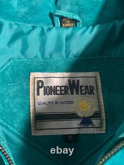 Vintage Women's Pioneer Wear Teal Fringe Crop Suede Leather Jacket Size Small