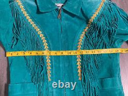 Vintage Women's Pioneer Wear Teal Fringe Crop Suede Leather Jacket Size Small