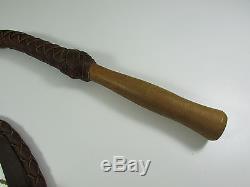 Vintage Wood Handle Brown Braided Leather Bull Buggy Horse Whip 9'8 Long