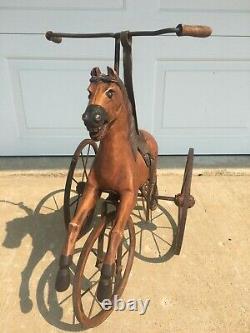 Vintage Wood, Leather & Metal Horse Tricycle Hand Carved Horse 24L x 24H x 12