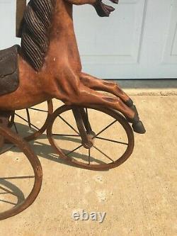 Vintage Wood, Leather & Metal Horse Tricycle Hand Carved Horse 24L x 24H x 12