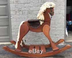 Vintage Wooden Hand Carved Rocking Horse with Leather Seat