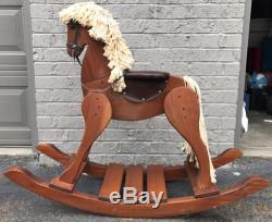 Vintage Wooden Hand Carved Rocking Horse with Leather Seat