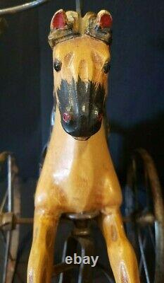 Vintage Wooden Horse Tricycle Hand Carved Leather Saddle