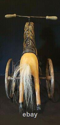 Vintage Wooden Horse Tricycle Hand Carved Leather Saddle