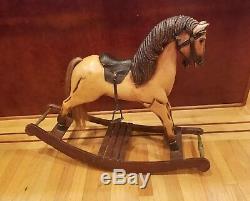 Vintage Wooden Rocking Horse Leather Saddle Real Horse Hair Tail 25x32.5x24.5