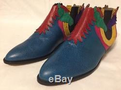 Vintage ZALO Leather & Suede Cowboy Western Ankle Boots Heels w Horses Blue 10 M