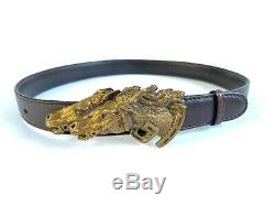 Vintage bronze horse head belt buckle with leather belt Authentic by Gucci Italy