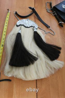 Vintage kilt horse hair sporran chrome gilt bag piper scottish with leather strap
